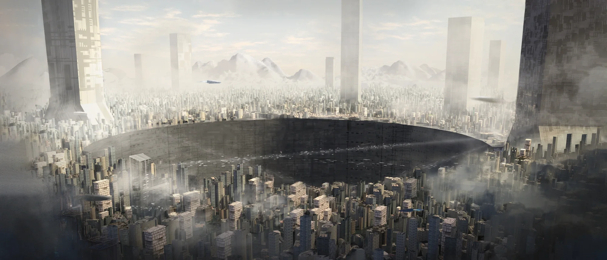 Concept art: an enormous circular sinkhole opened in the middle of a vast industrial city, megastructure towers rising through the mist, mountains beyond