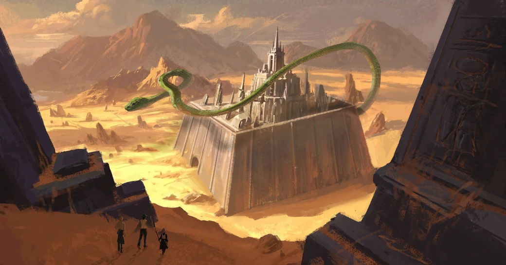 Concept art: three small figures walk out toward a colossal buried pyramid city in the desert, a vast green serpent coiled above its spires