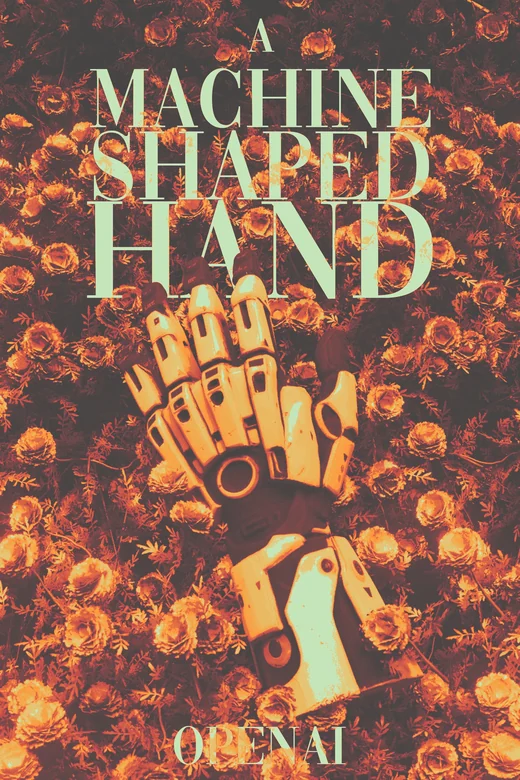 Book cover design: a mechanical hand lying open in a dense field of marigolds, warm orange and red, the title set in pale green display type