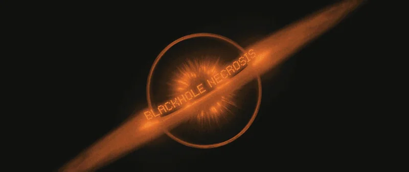 A black hole ringed by a bright orange accretion disk, the title set small along the disk