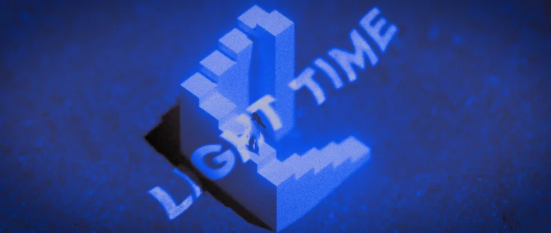 A blue voxel staircase with a small figure climbing, the title cast across it