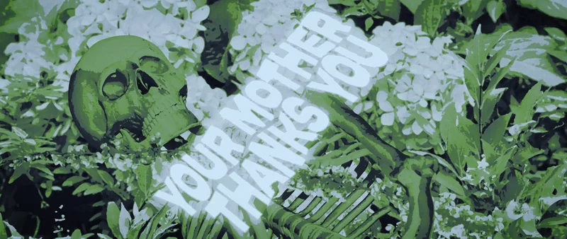 A skull lying in a bed of hydrangeas, the title running across the flowers in white