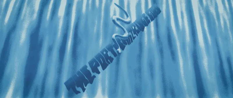A pale blue field of vertical water streaks, the title running diagonally beneath a curling form