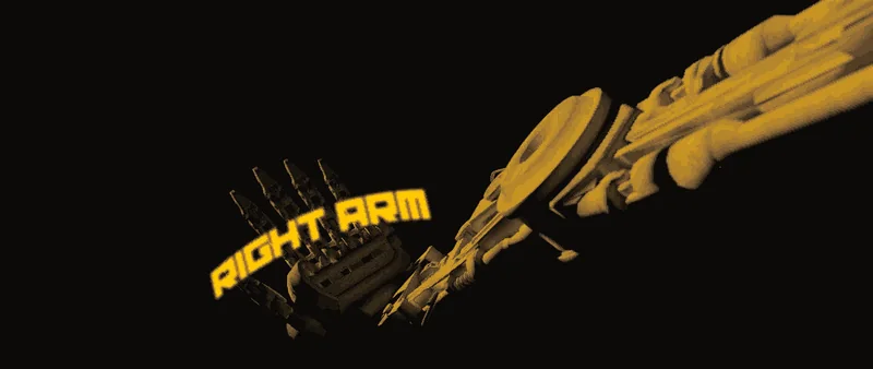 A mechanical arm in yellow against black, the title running along its length