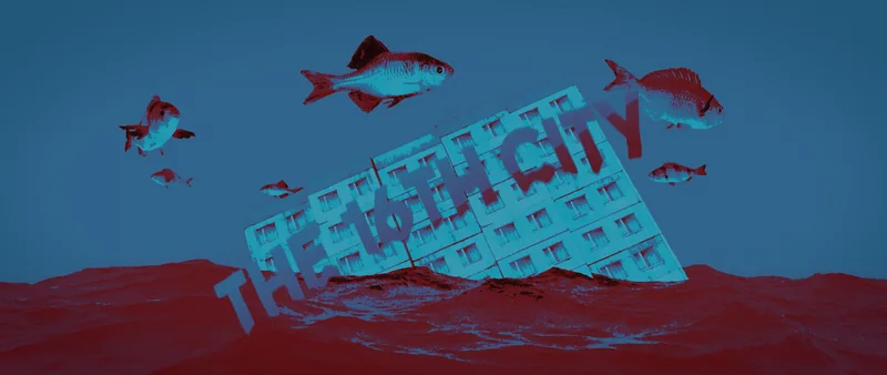 A cyan apartment block half-sunk in a red seabed with fish drifting past, the title sinking with it