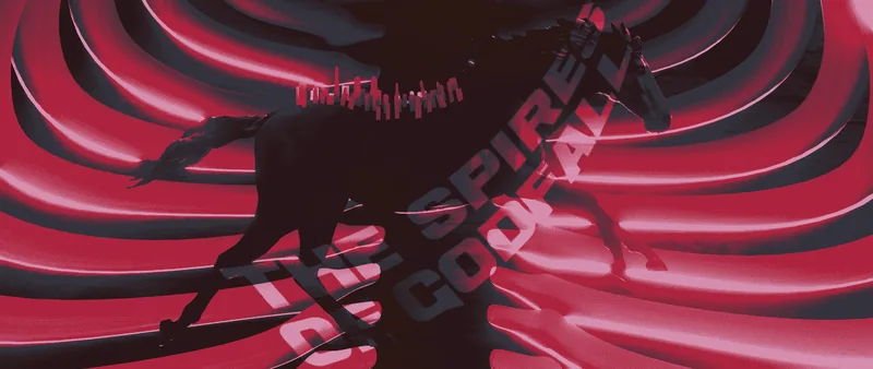 A rider silhouetted against concentric red rings, a spired city small on the horizon